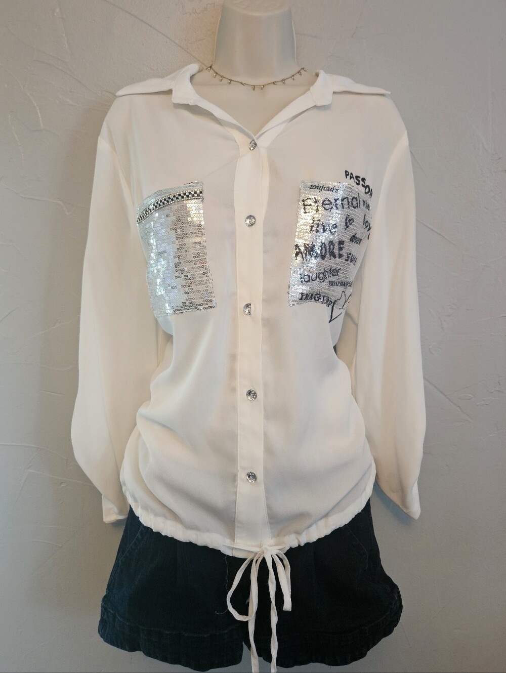 Frank Lyman Design White Button-Front Blouse with Silver Sequin Pockets